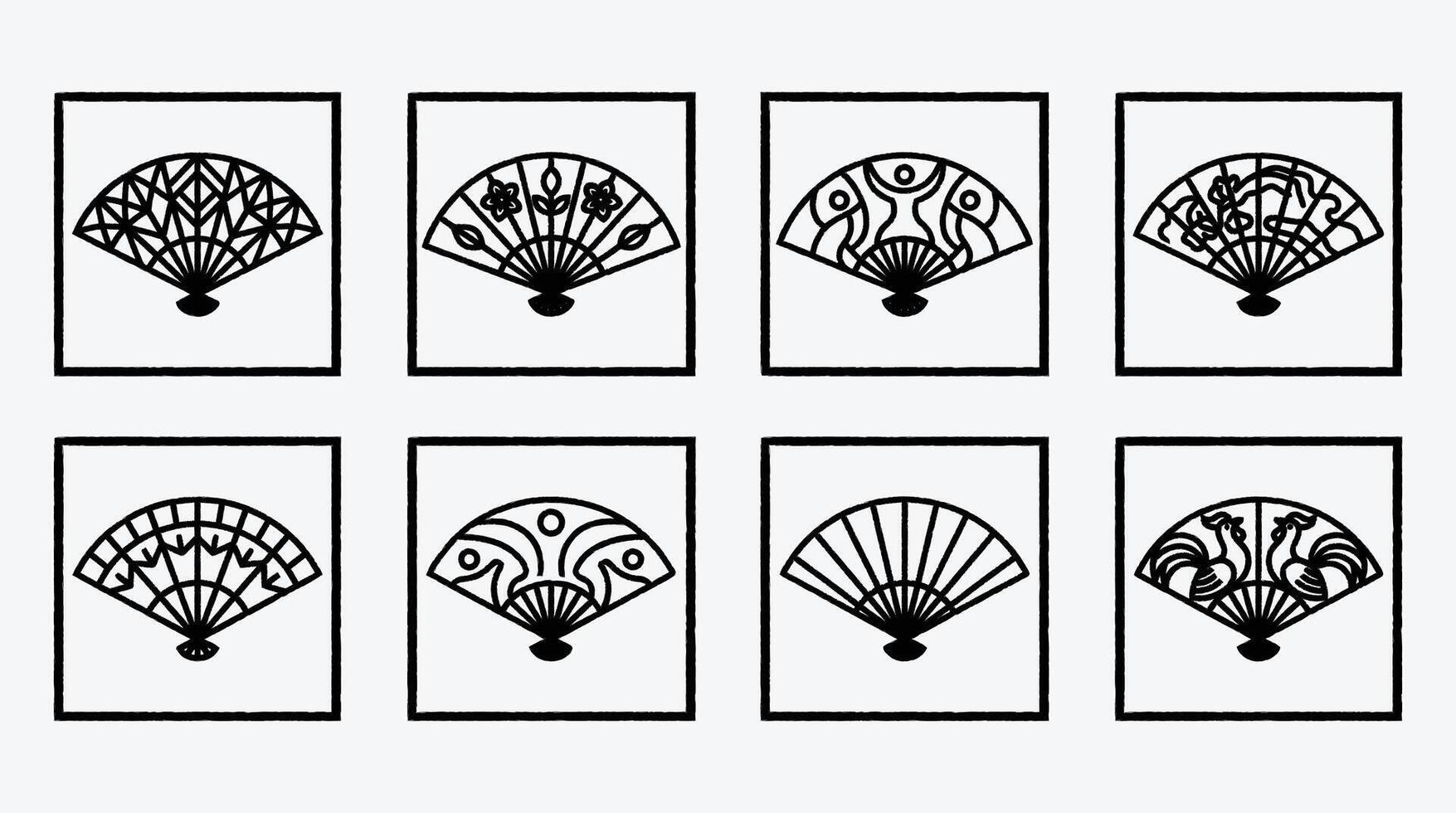 Collection of Decorative Fan Design Illustrations with Varied Patterns in Black and White vector