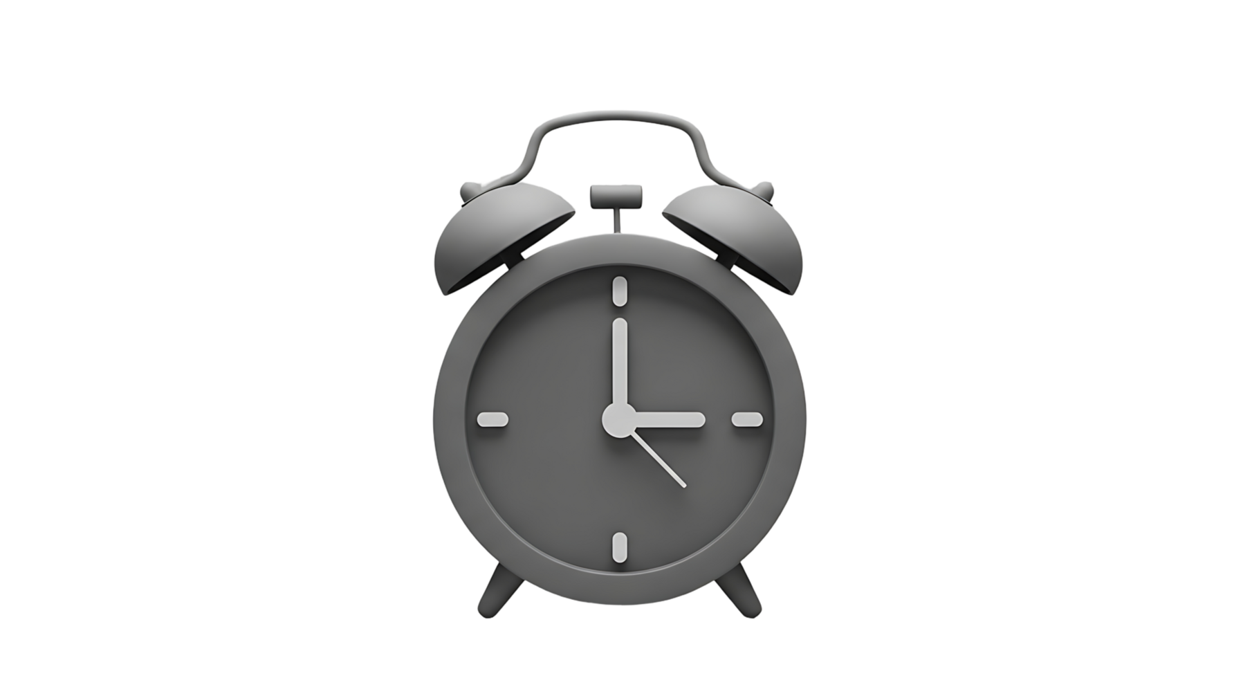 Modern 3D rendered grey alarm clock icon on a transparent background, symbolizing time management, deadlines, and morning routines with a clean, minimalist design png