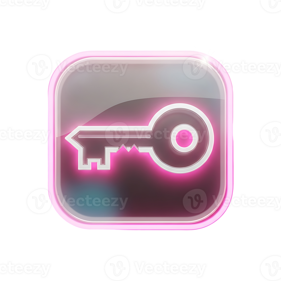 Vibrant neon pink and white key icon illustration, symbolizing secure access and digital solutions, presented on a glossy square button with a transparent background png