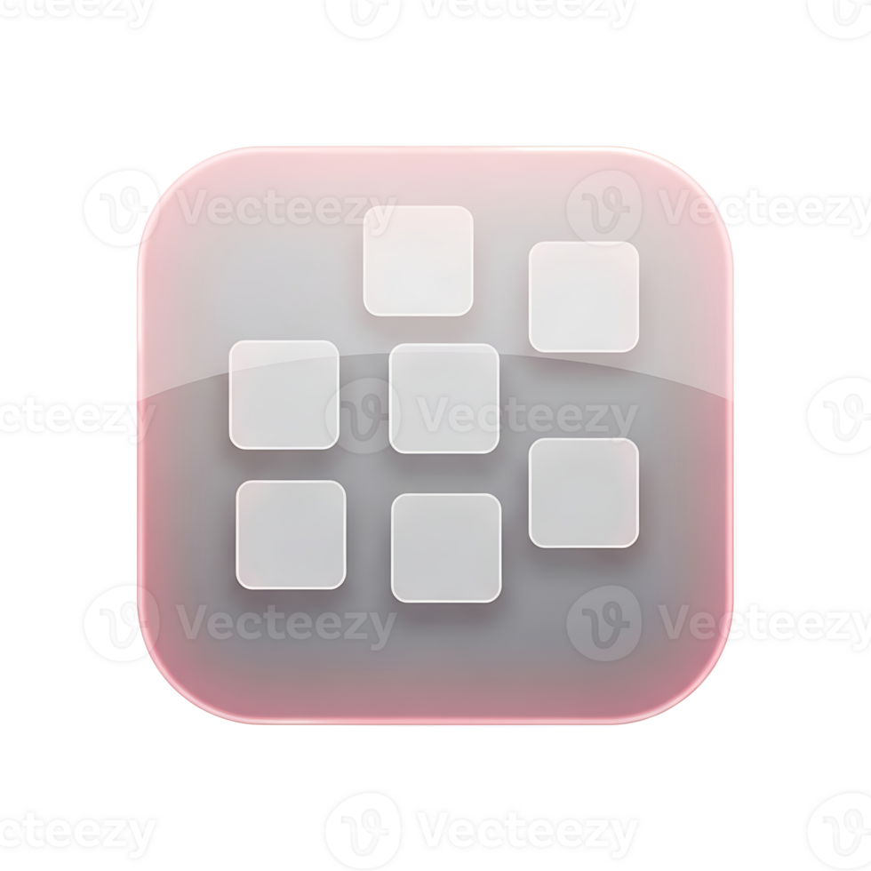 Modern digital interface icon with a glossy pink glass effect and a 3x3 grid of frosted white squares, representing application menus or data organization in a clean, sophisticated design png