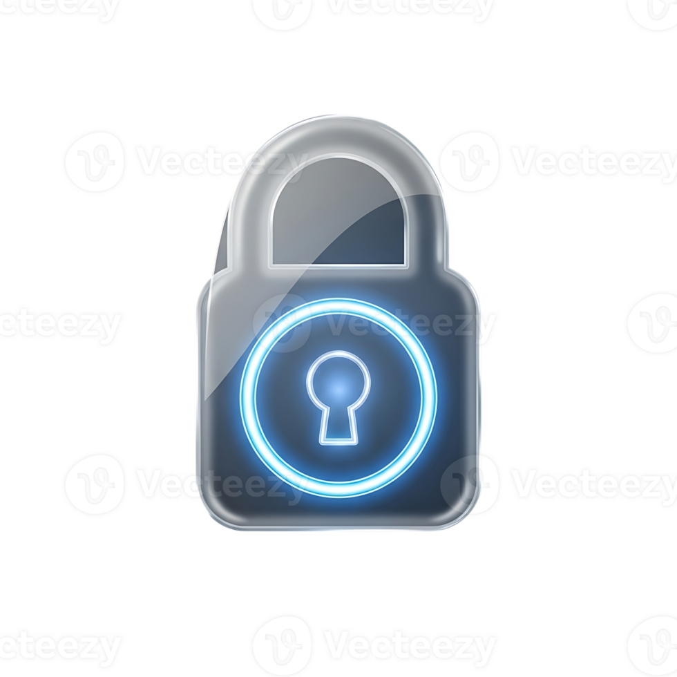 Modern glossy security padlock icon featuring a luminous blue keyhole symbol, representing digital protection, data privacy, and safe online access in a sleek, abstract graphic design png