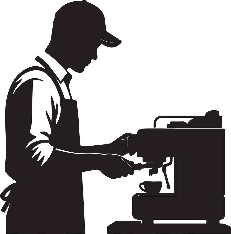 Silhouette illustration of a professional barista in an apron and cap, skillfully preparing espresso coffee using a modern machine in a cafe. vector