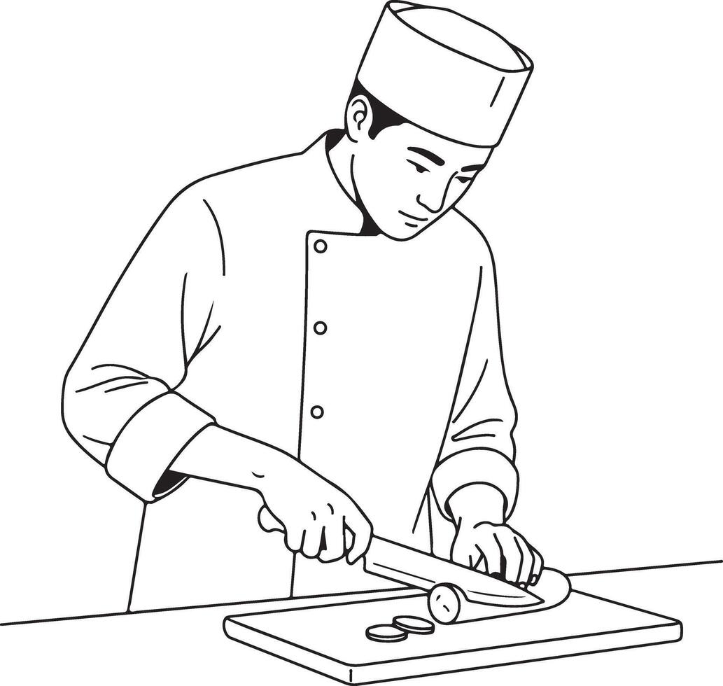 Chef skillfully slicing fresh vegetables with a sharp knife on a cutting board, preparing ingredients in a professional kitchen setting vector