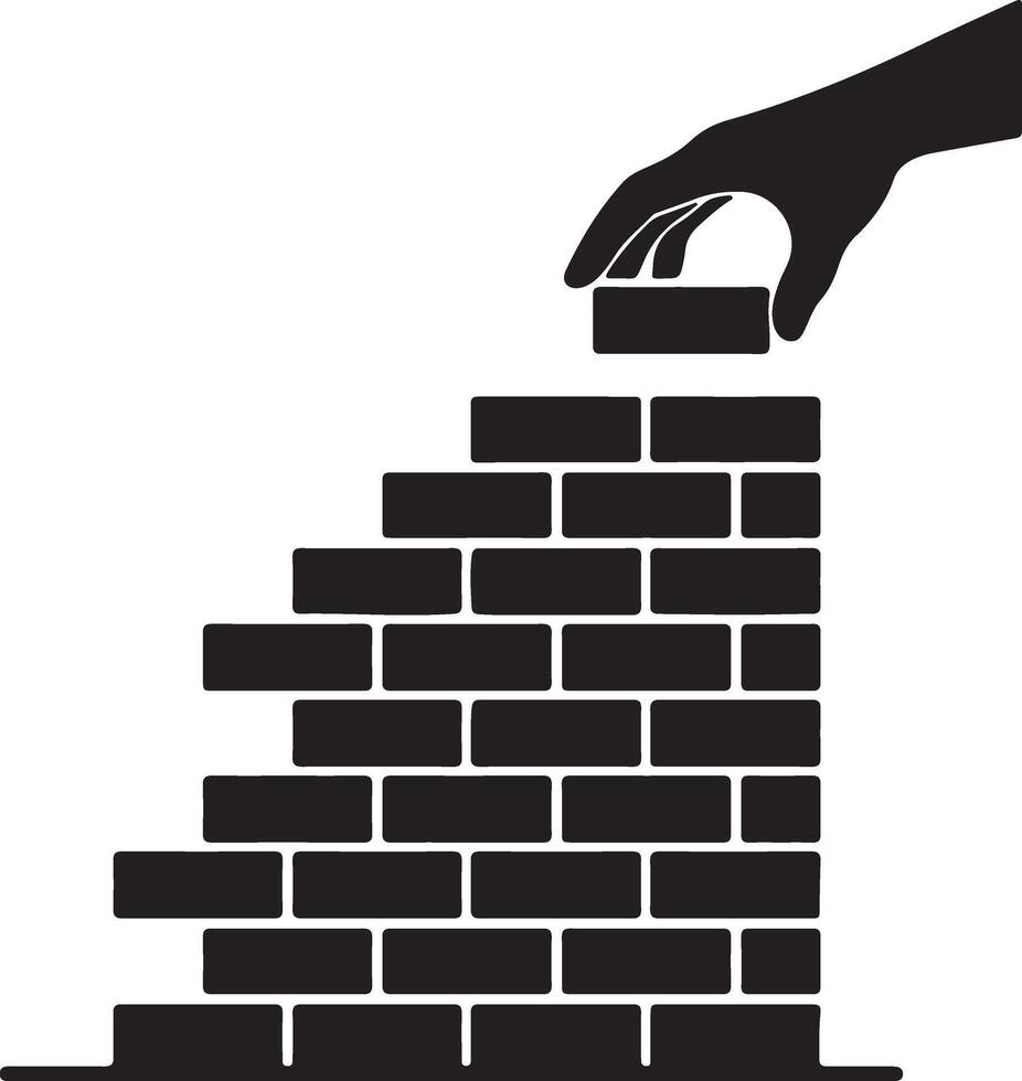 Hand placing a brick on a partially built wall, symbolizing construction, growth, effort, foundation, and building something new. vector