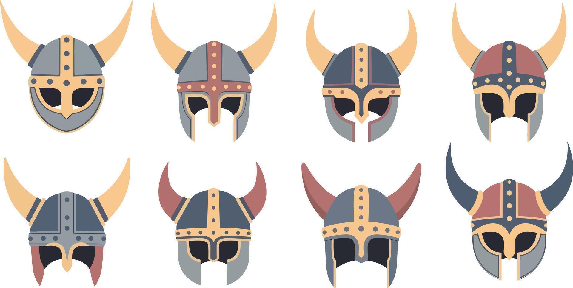 Decorative Viking Helmets with Horns Array in Classic Style vector