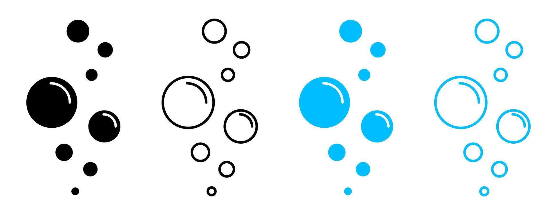Round soap air bubbles and floating droplets with soda carbonation, underwater oxygen spheres and soft foam effects in outline style. vector