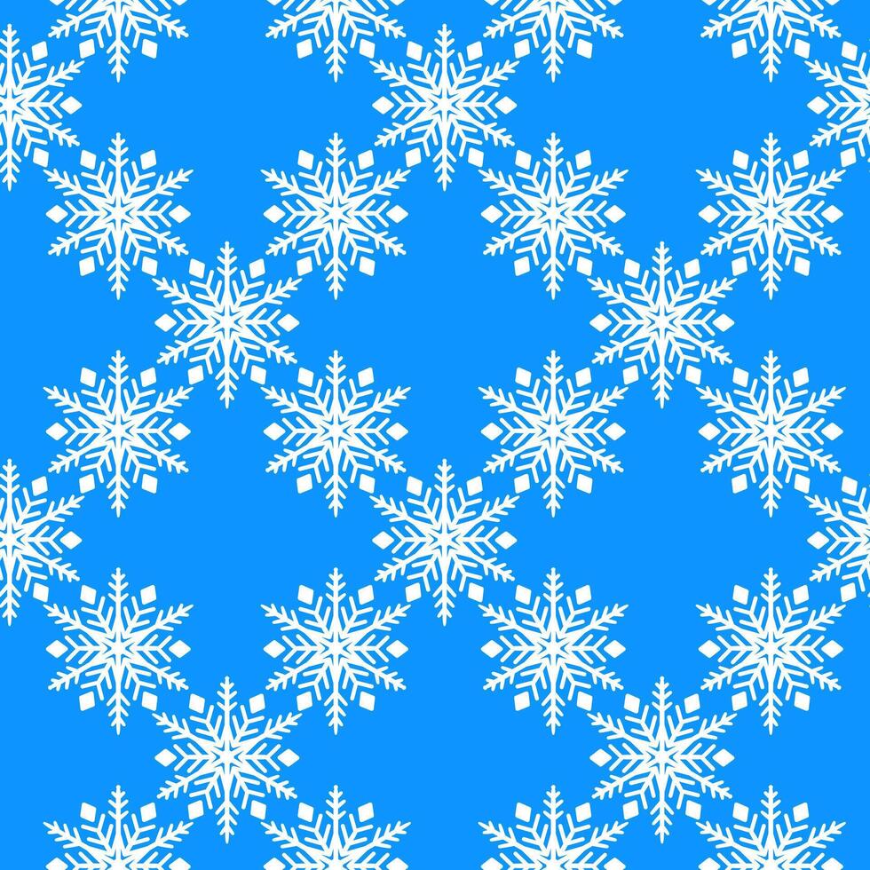 Seamless pattern with white snowflakes repeating geometric layout on blue background, illustration featuring winter themed elements. vector