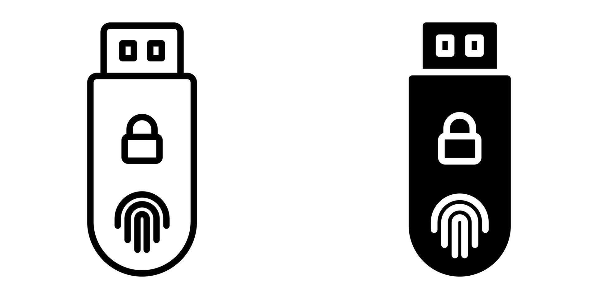 Secure USB icon set. illustrations of a USB drive with fingerprint and padlock icons, symbolizing data security and access control. Useful for technology, security, and data protection themes. vector