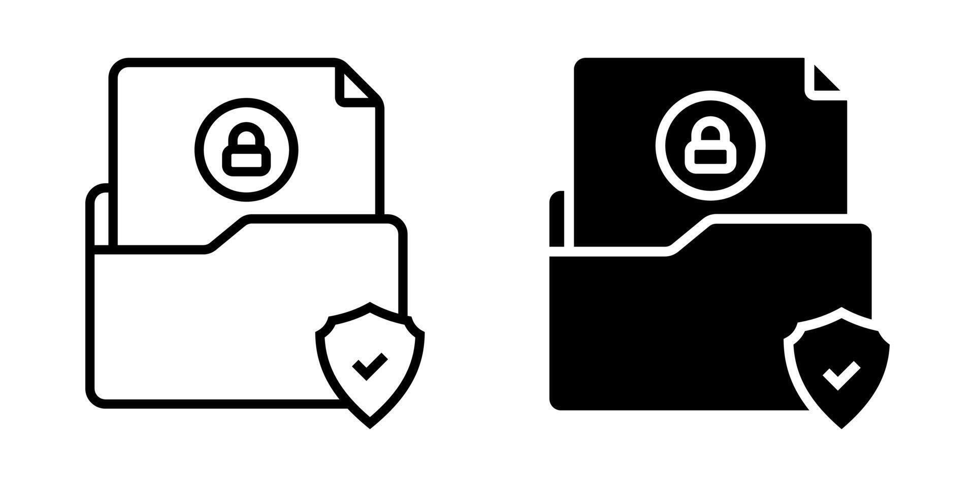 Secure Folder icon set. Minimalist illustration of a secure folder containing a document with a padlock symbol and a shield icon for protection and privacy. illustration on white background. vector