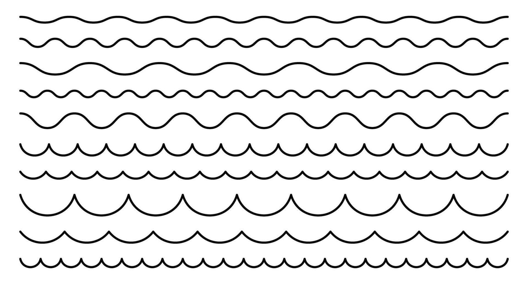 Line wave with a corrugated pattern. Horizontal squiggle border. Curved undulate stripes. Geometric nautical set of elements. vector