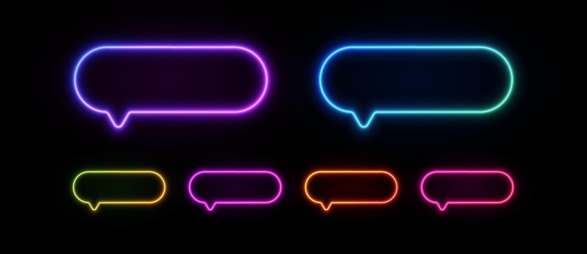 Neon light speech bubble. Talk sign for text message. Glowing led chat icon. Laser dialog set. vector