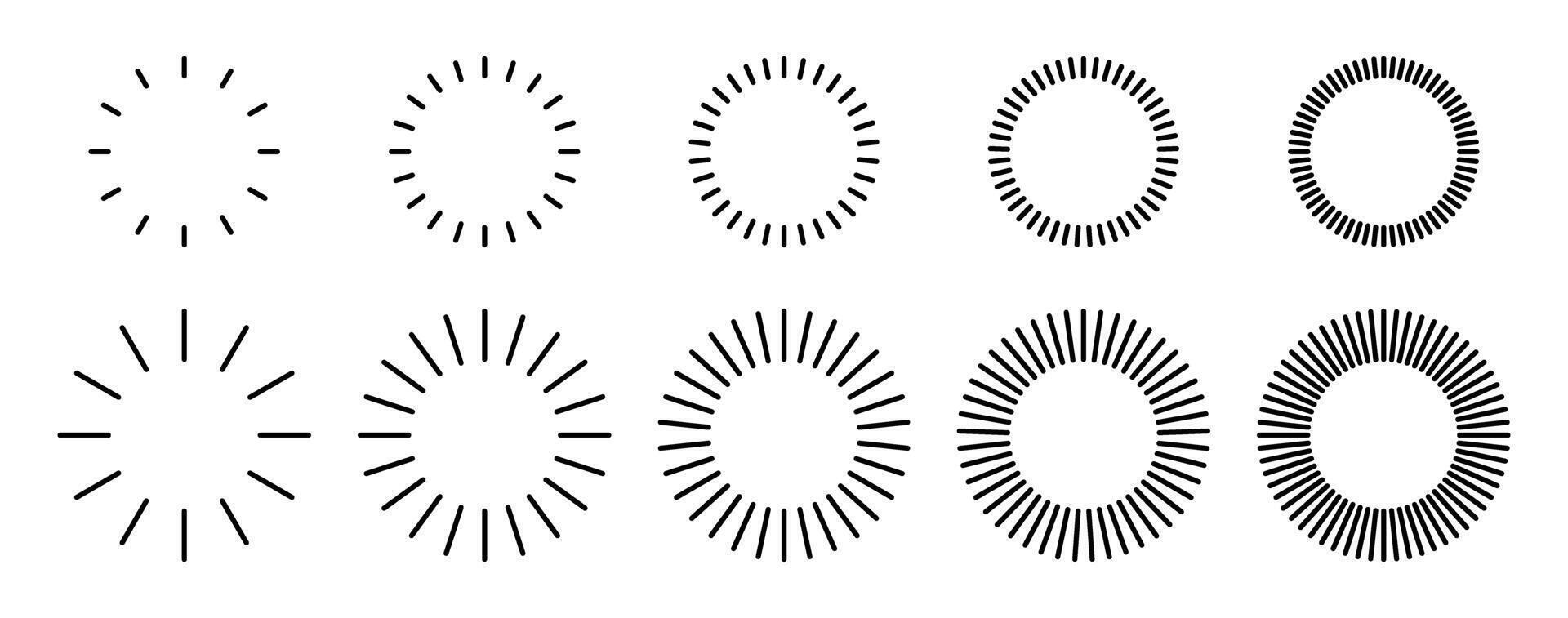 Lines dash round pattern. Circle border frame with rays. Simple set of repeating striped contours. vector