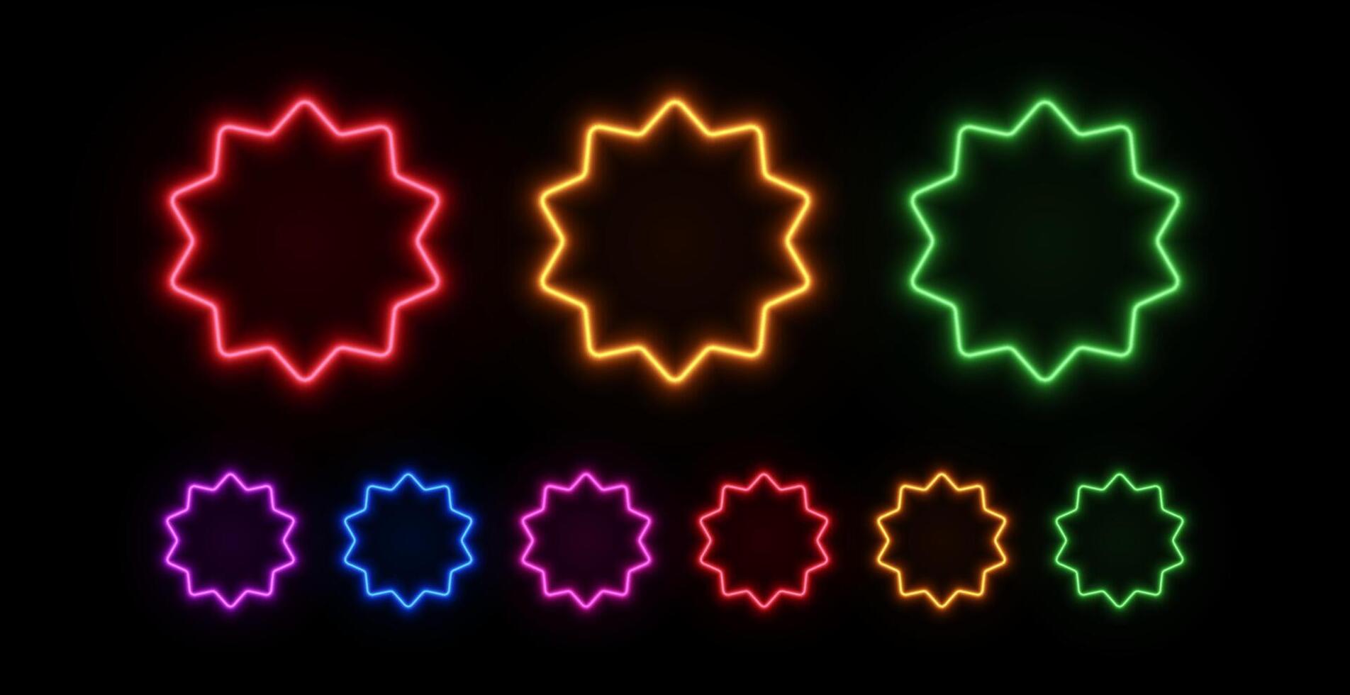 Neon round star sticker. Circle shape badge for pricing. Set of led retro glow borders. vector