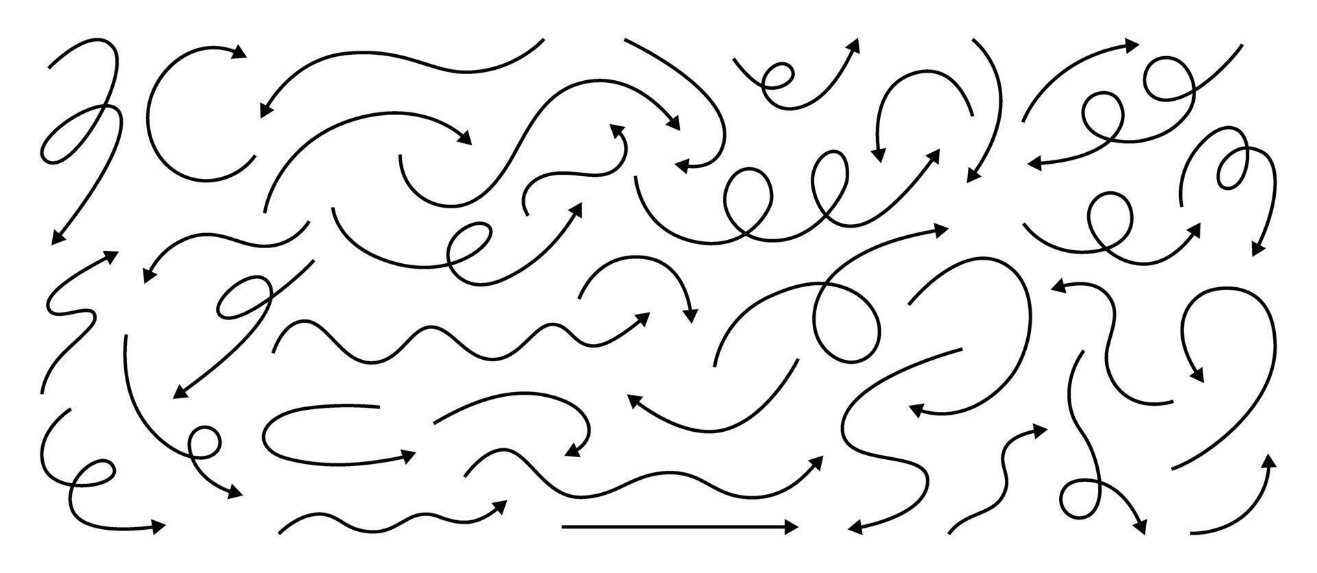Black arrow icons with curved lines and dynamic loops. Set for infographics, navigation design, and web direction pointers with elegant swirls. vector