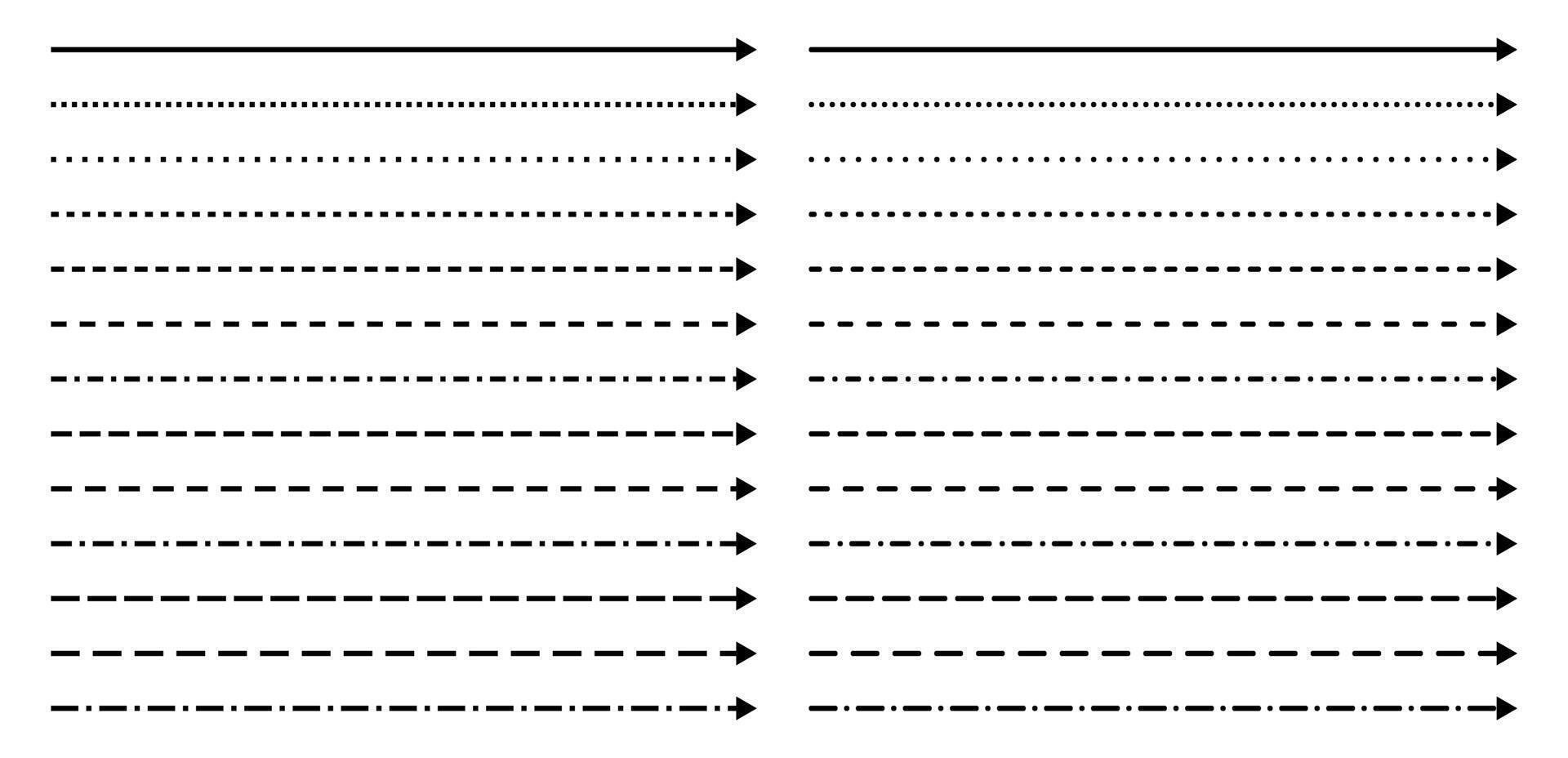 Long arrow line. Straight thin icon up or down. Horizontal dotted elements. Dash path to indicate direction. vector