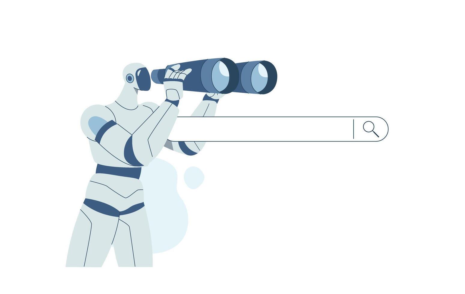 Robot searching online information with binoculars on browser bar. vector