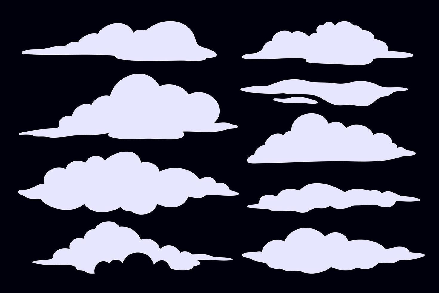 Set of soft cloud shapes in different forms on dark background. Smooth and rounded cartoon style clouds. vector