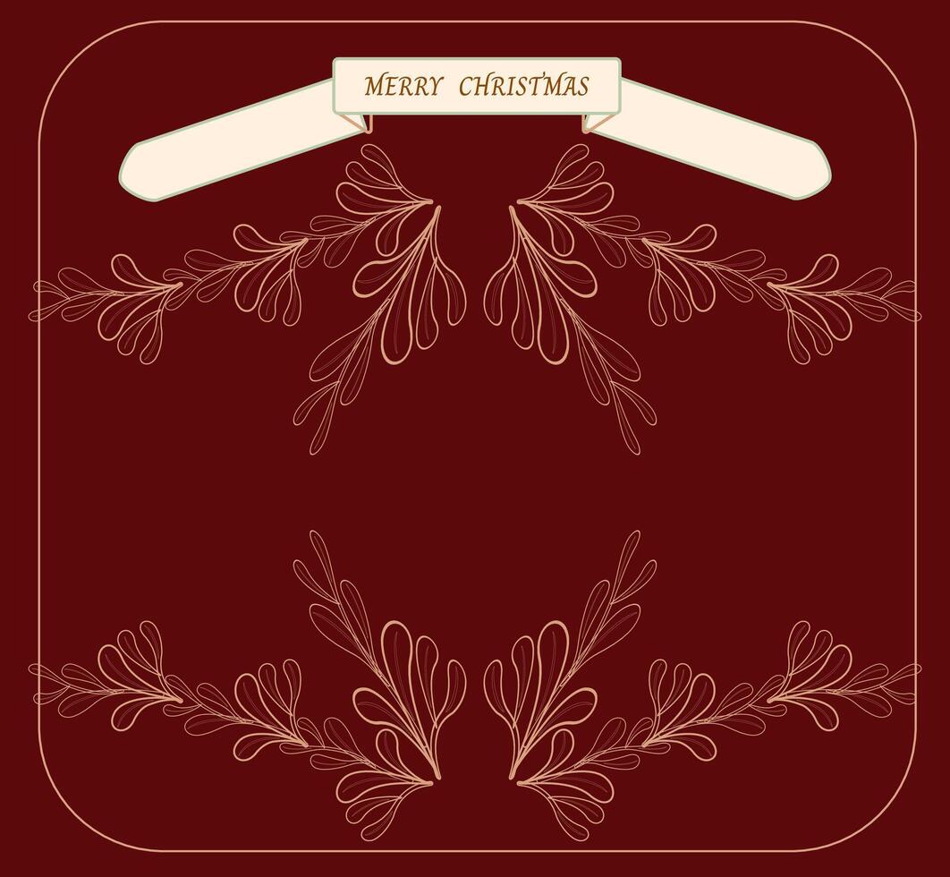 A luxurious and elegant frame design featuring intricate gold outline botanical elements and a banner, set against a rich burgundy or deep red background. Suitable for upscale holiday invitations. vector