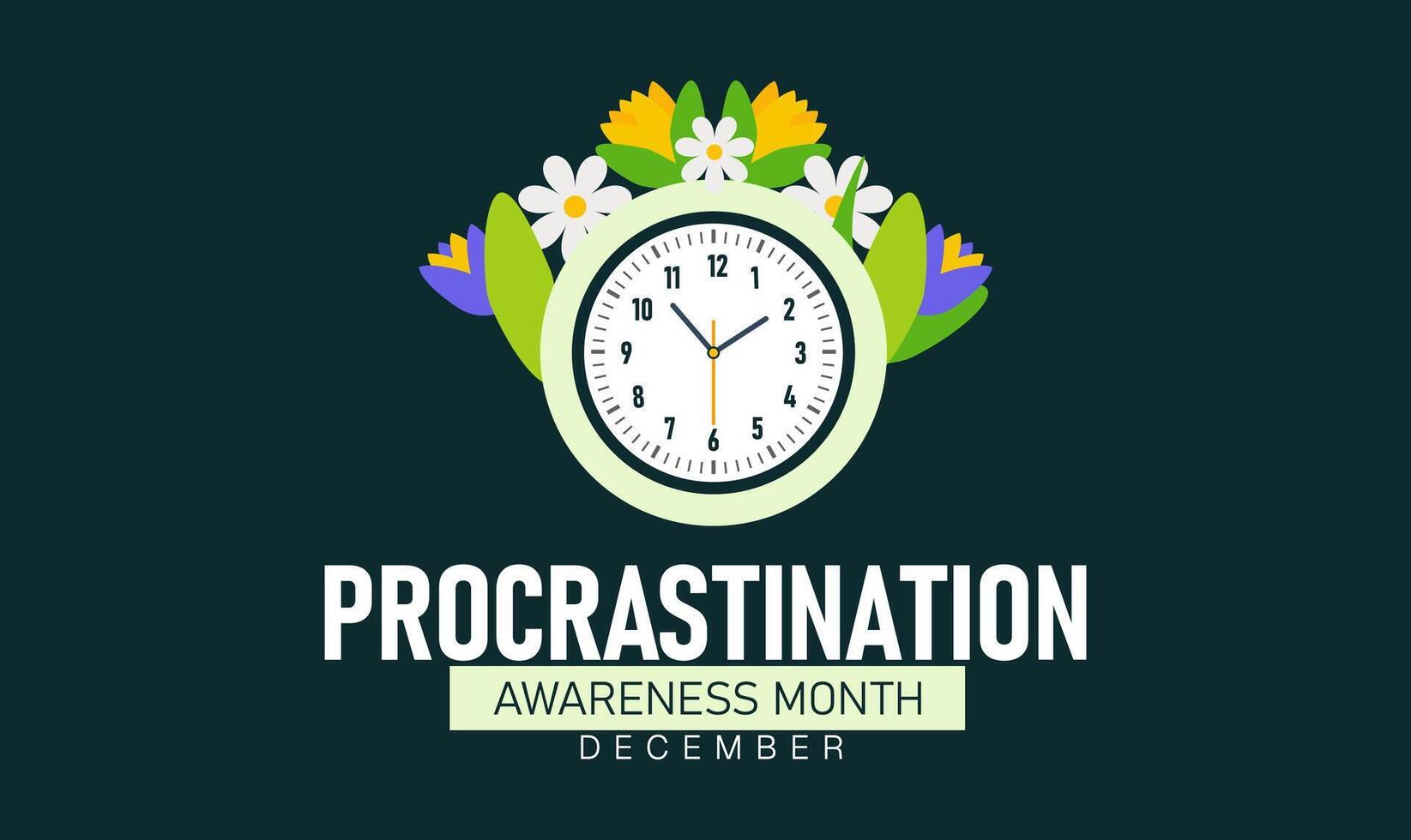Procrastination Awareness Month Poster Banner and Background Abstract Design Template Featuring Clock Calendar and Lazy Character Illustration for Time Management Productivity Motivation vector