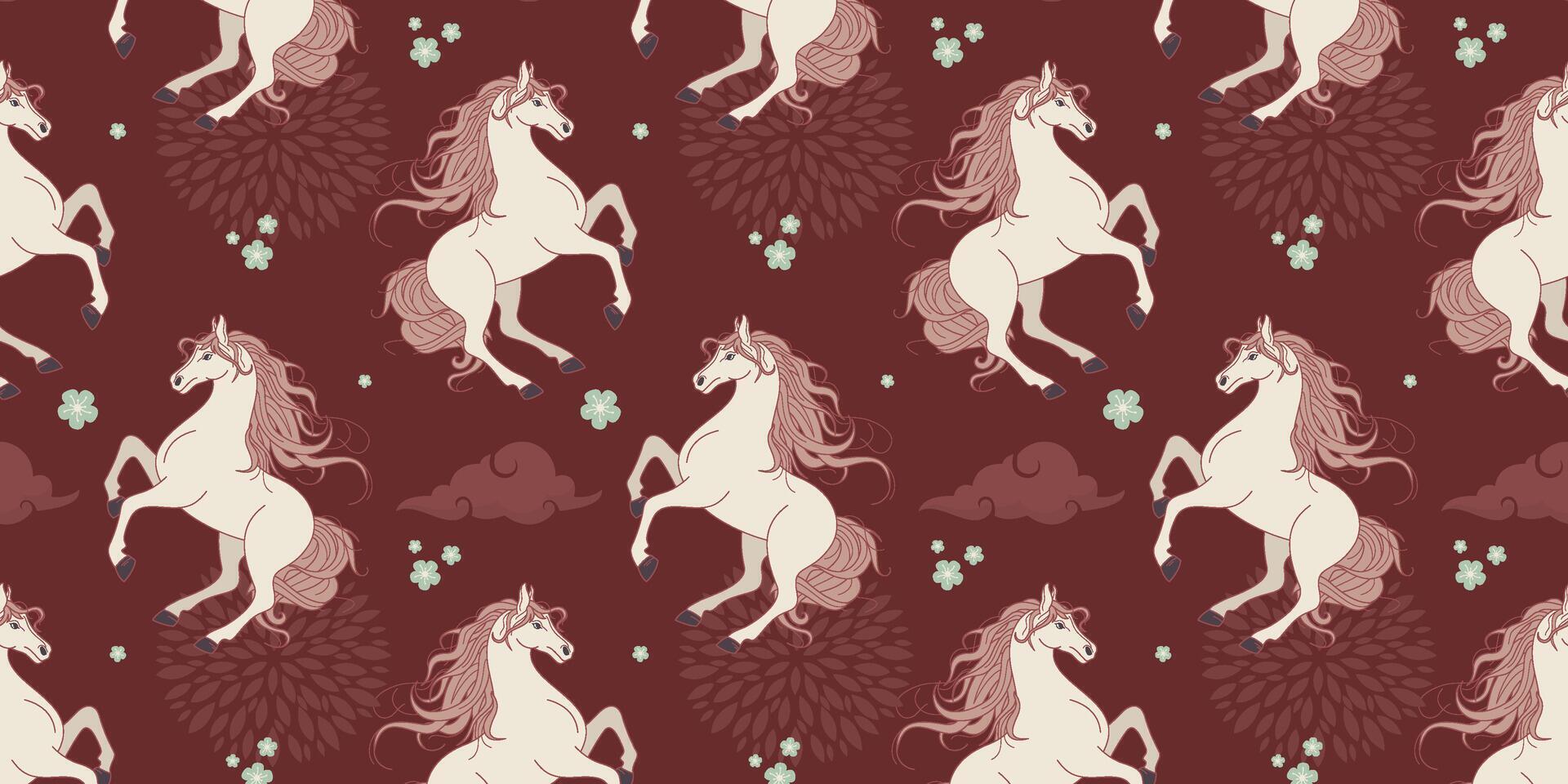 Pattern of unicorns on a maroon background vector
