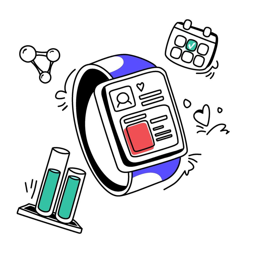 Smartwatch Displaying Profile with Calendar, Molecule, and Test Tubes Doodle vector