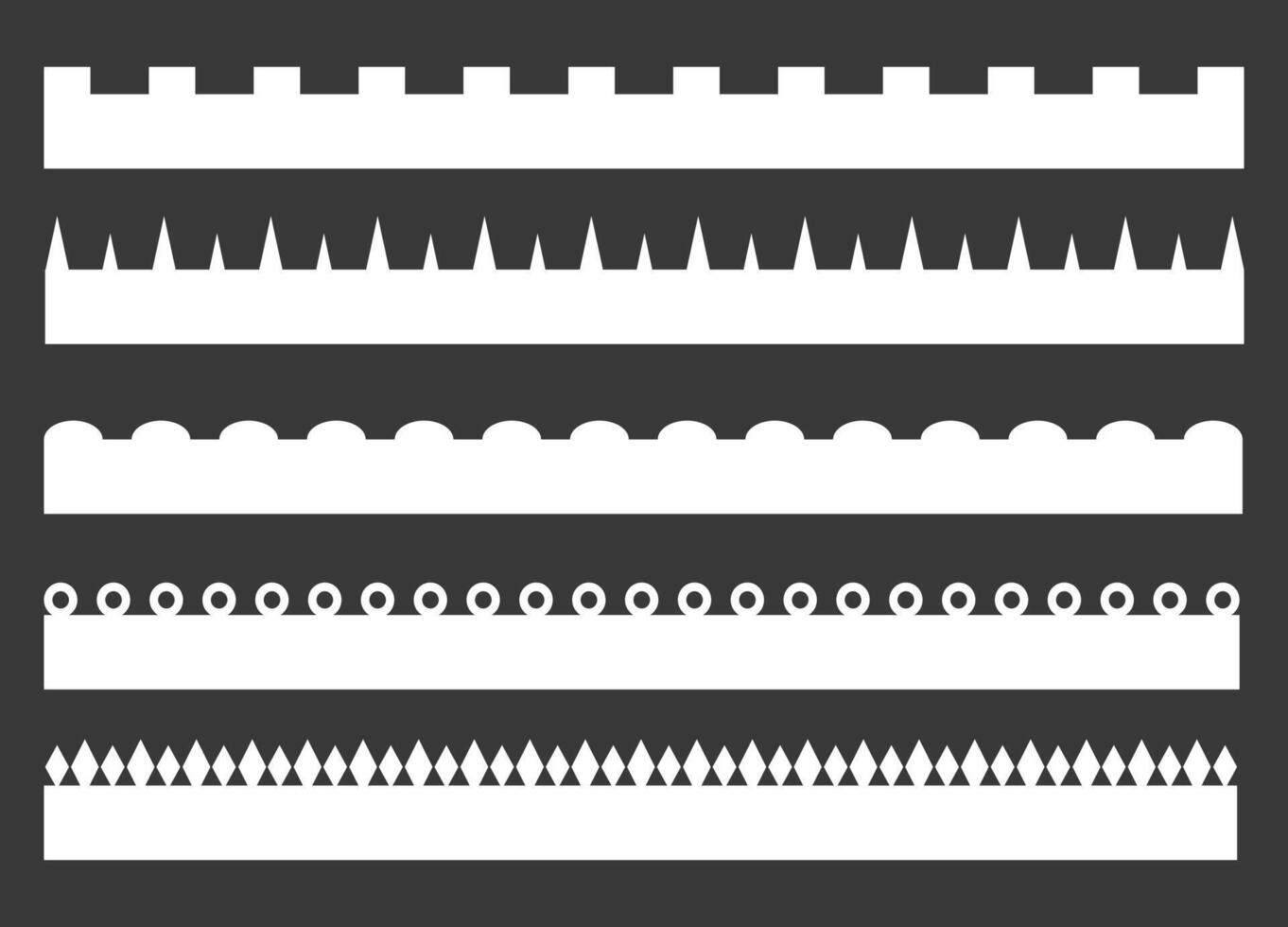 Multiple rows of decorative white gate designs displayed in clean black silhouettes, ranging from rounded to pointed styles. vector