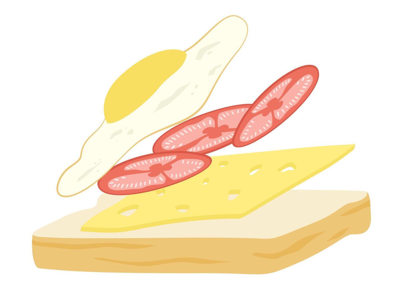 A simple breakfast illustration showing bread topped with cheese, tomato slices, and a fried egg in a minimal, clean style. vector