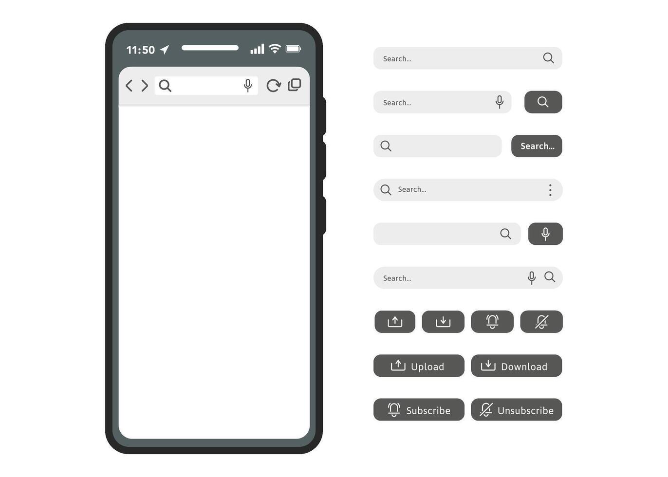 Blank internet browser window on the handphone screen with various search bar templates. Stock Illustration. vector