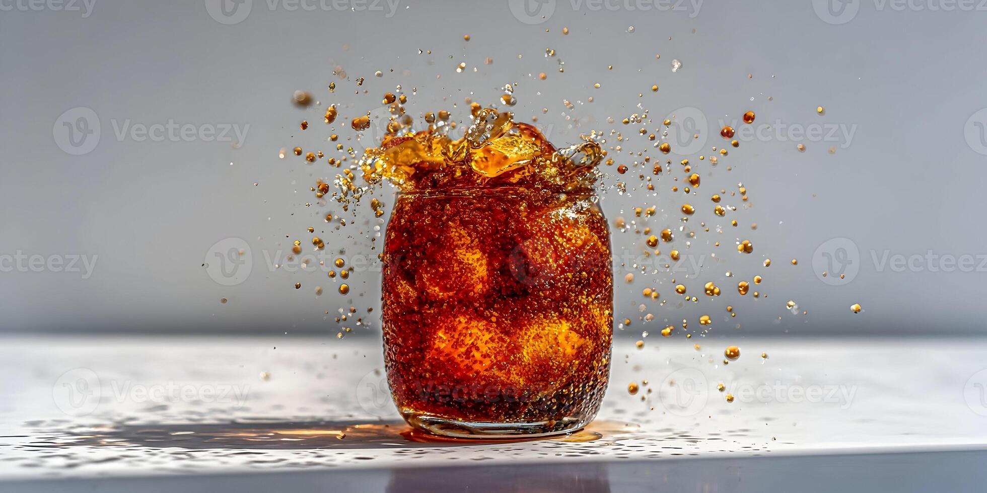 Dramatic splash of a refreshing brown soda with ice cubes and countless droplets scattering in a dynamic action shot photo