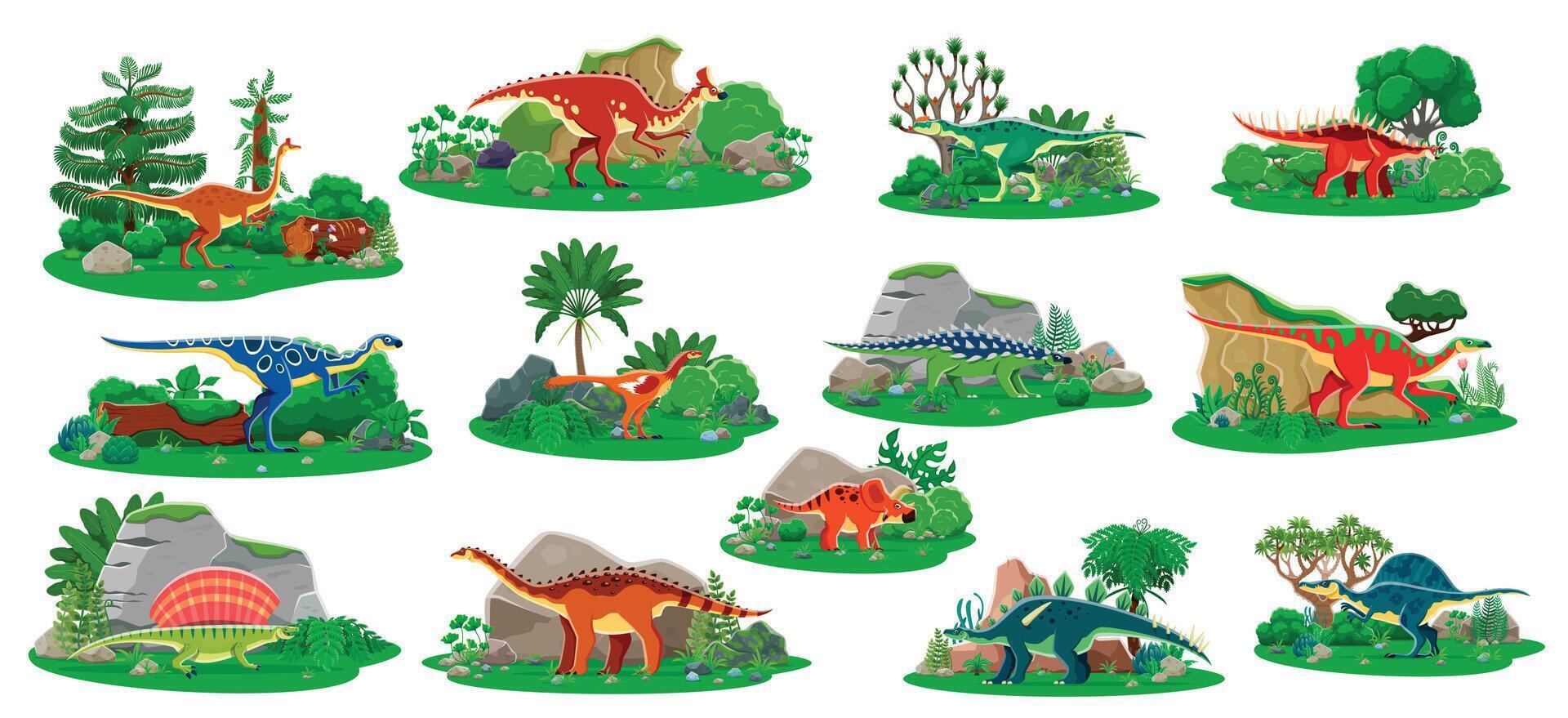Colorful dinosaurs in prehistoric landscapes vector