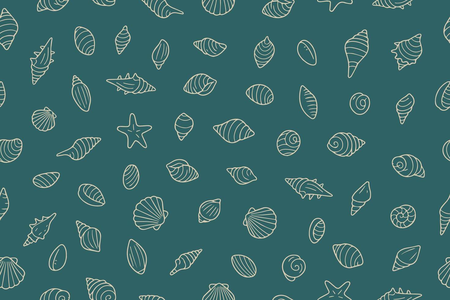 Seamless pattern featuring a variety of hand-drawn seashells and starfish, arranged on a teal background. vector