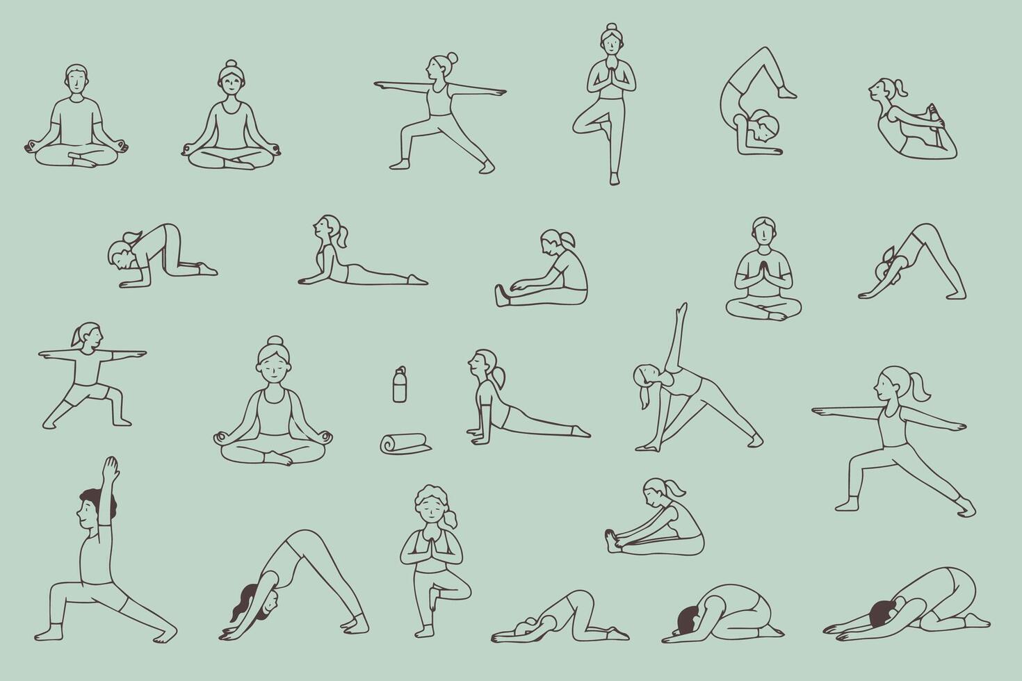illustration showcasing a variety of yoga poses with individuals in various positions, emphasizing relaxation, flexibility, and mindfulness exercises for well-being enhancement vector