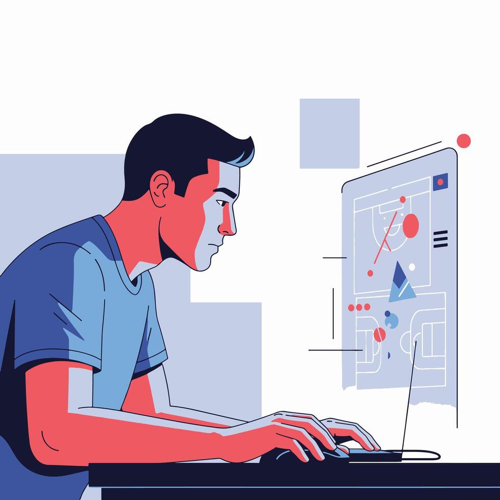 Man working on laptop with digital analytics display vector