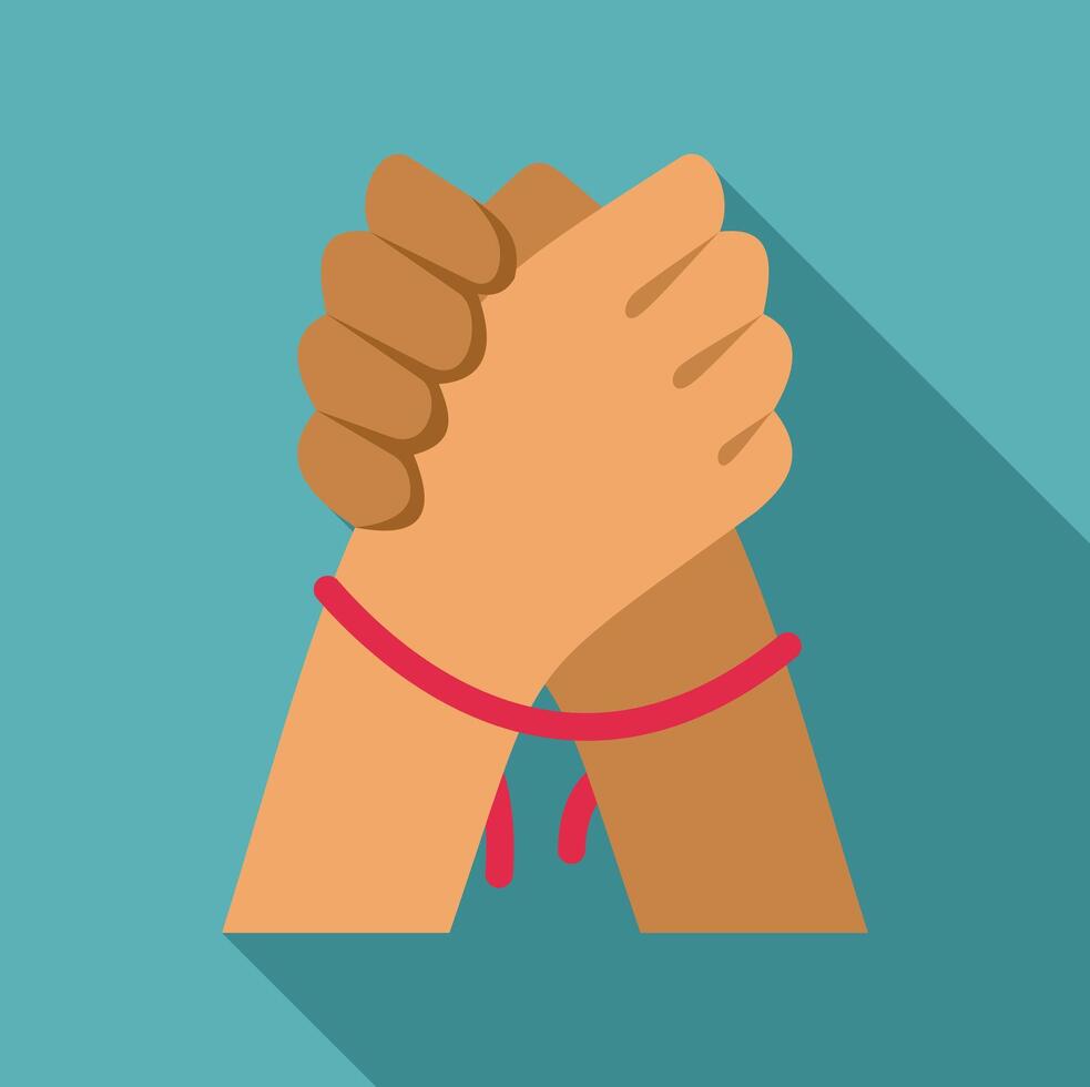 Hands clasped holding red string symbolizing unity vector