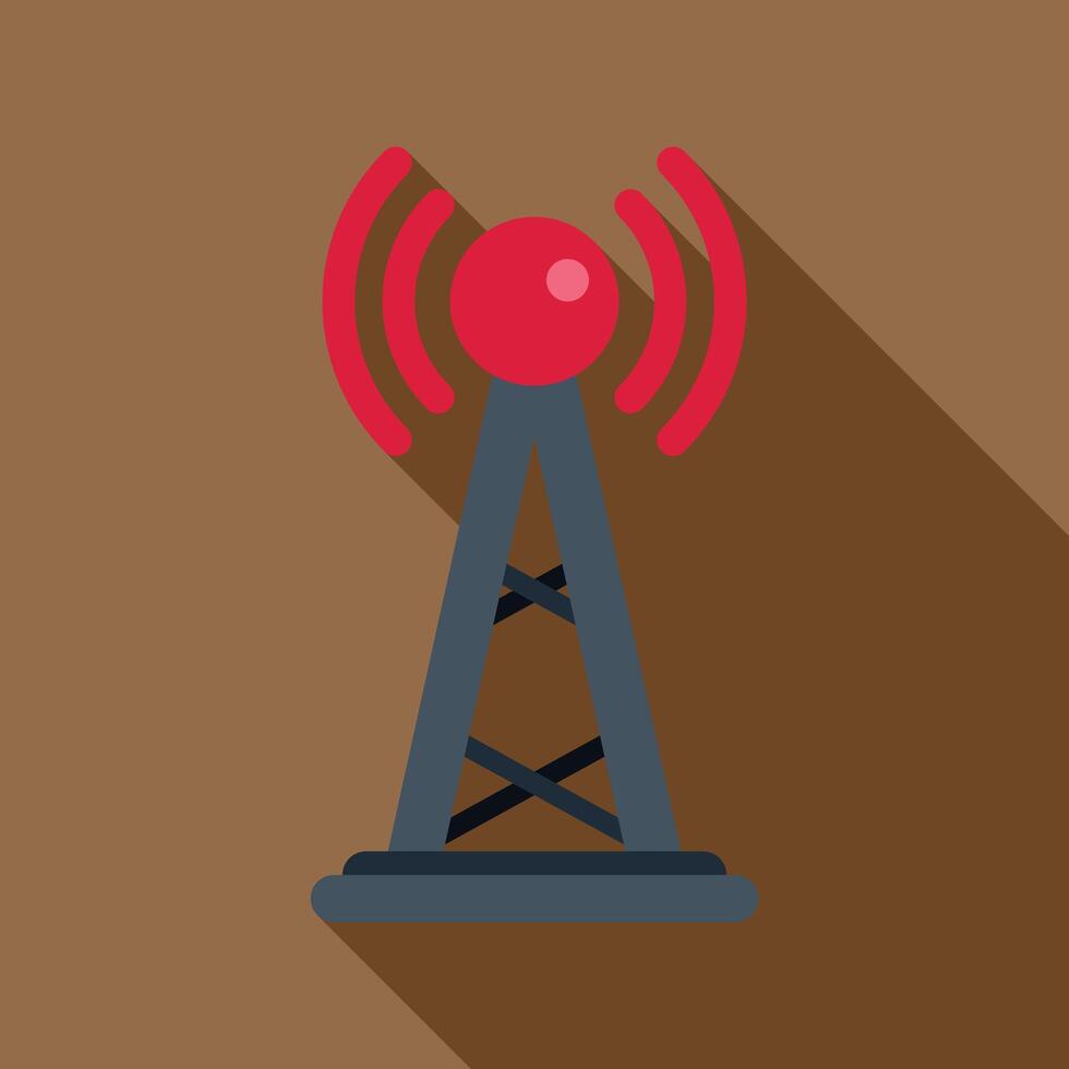 Broadcasting tower transmitting radio signal flat design vector