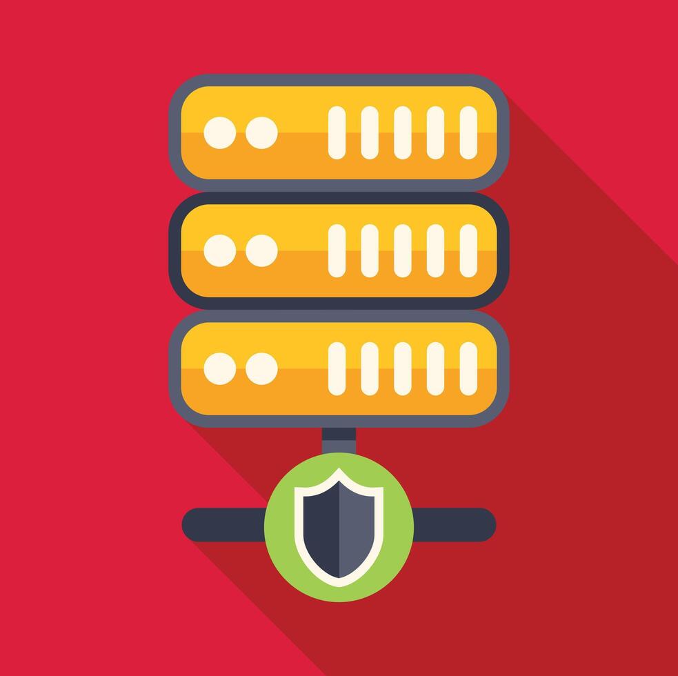 Server rack protecting data with cybersecurity shield icon vector