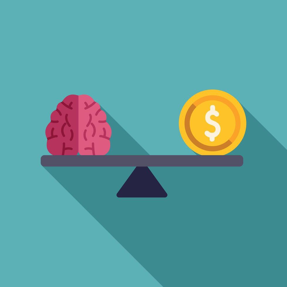 Brain and money balancing on scale comparing value vector
