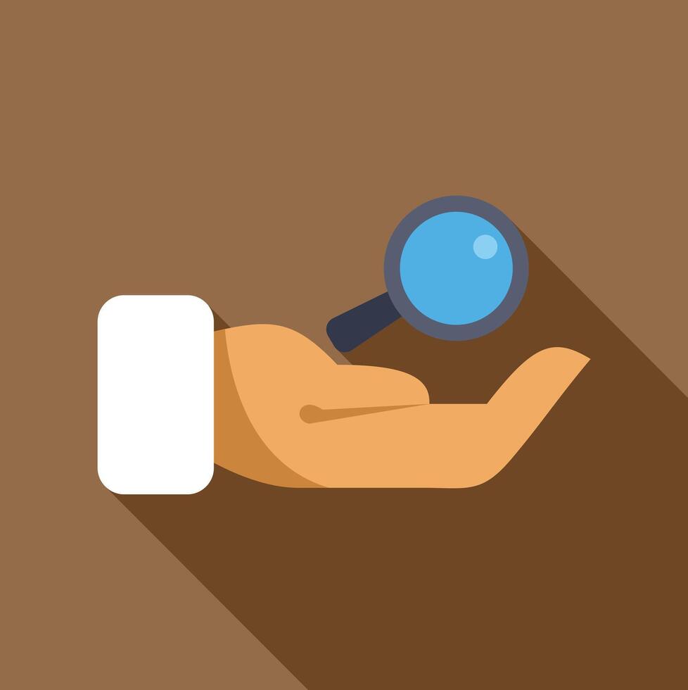 Hand with a long shadow holding a magnifying glass, searching for data vector