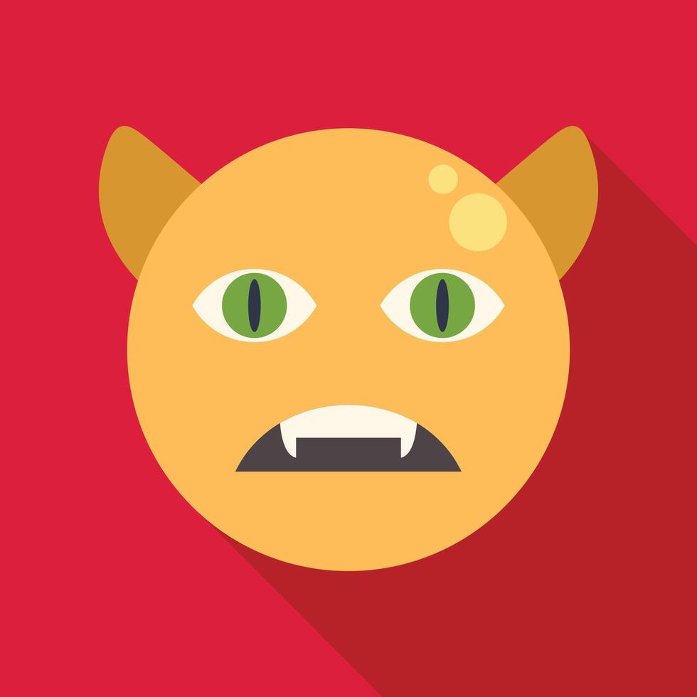 Monster cat emoji with fangs on red background vector