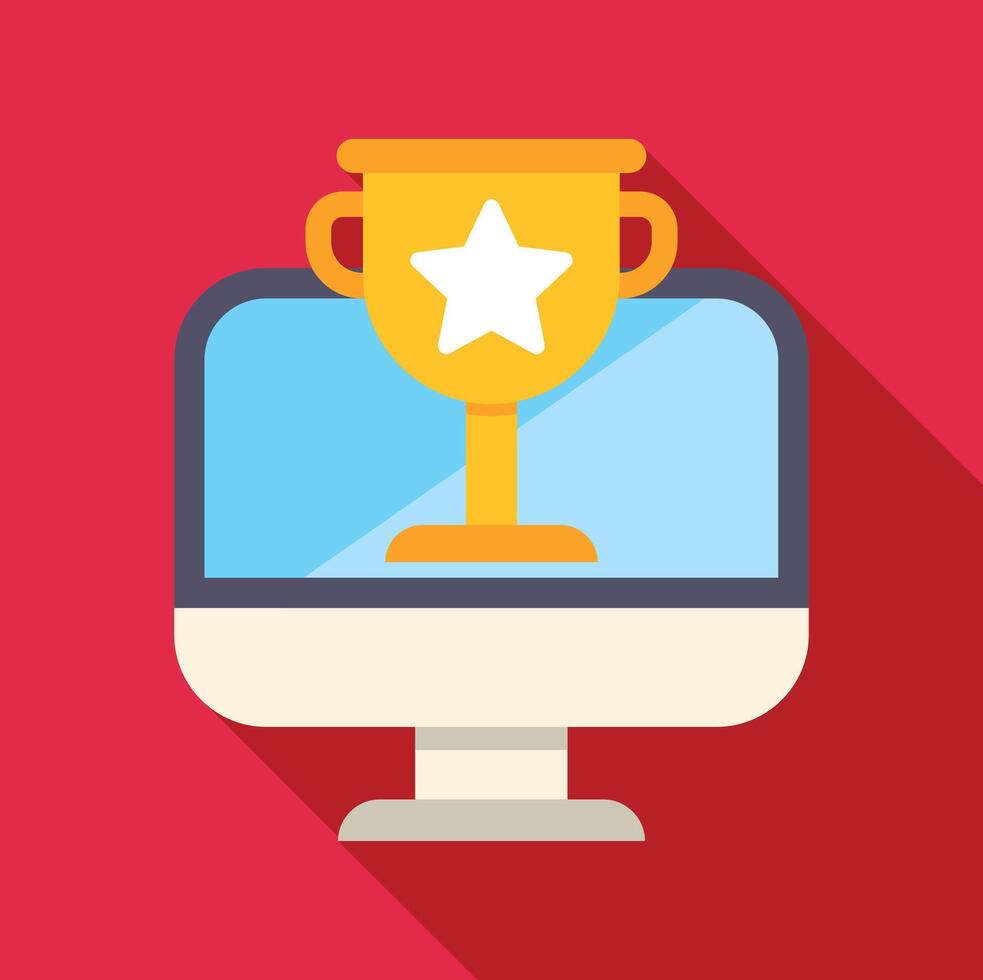 Desktop computer monitor displaying golden winner trophy vector