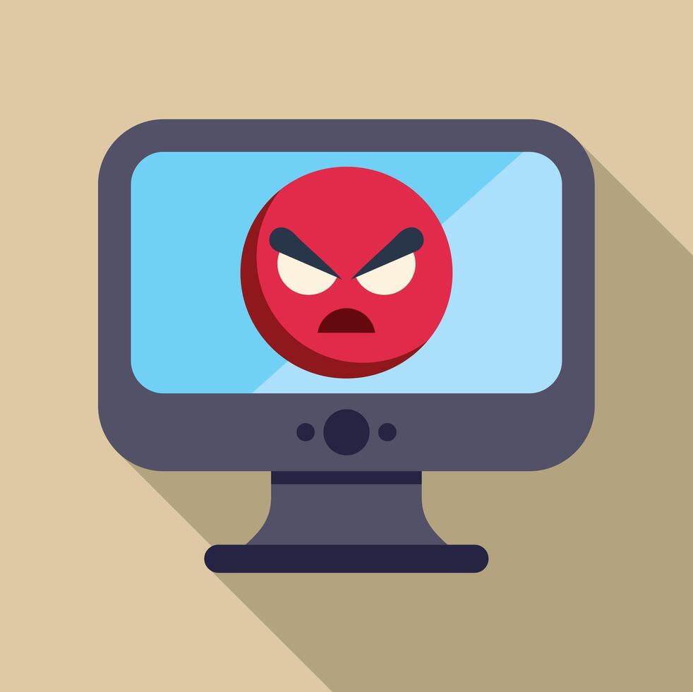 Computer monitor displaying angry emoji representing cyber rage vector