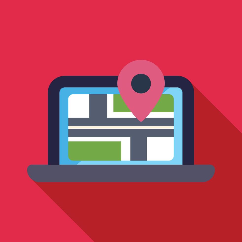 Laptop displaying map with gps location pin icon vector