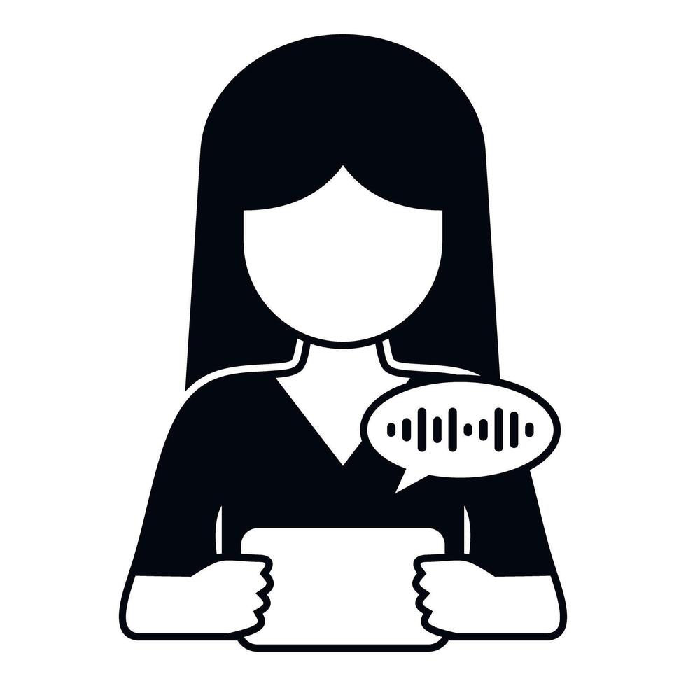 mujer utilizando inteligente asistente para voz comandos en tableta vector