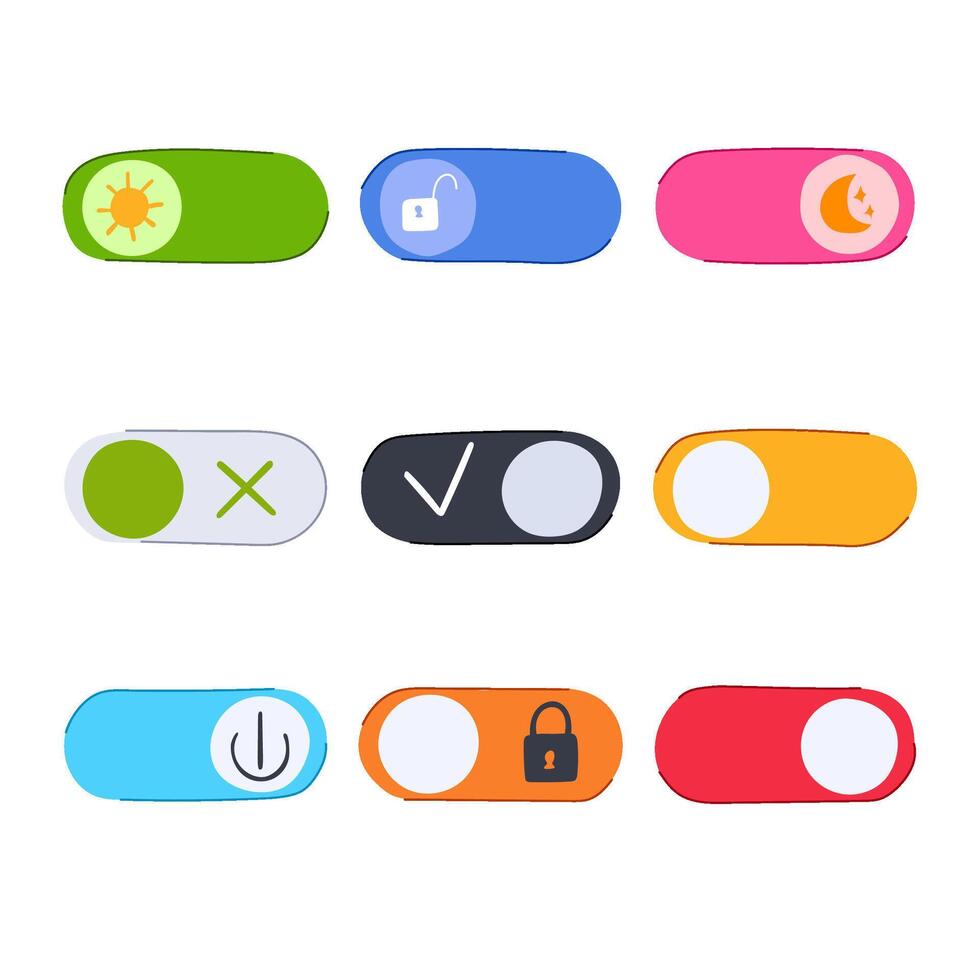 Hand drawing user interface toggle switches with various icons vector