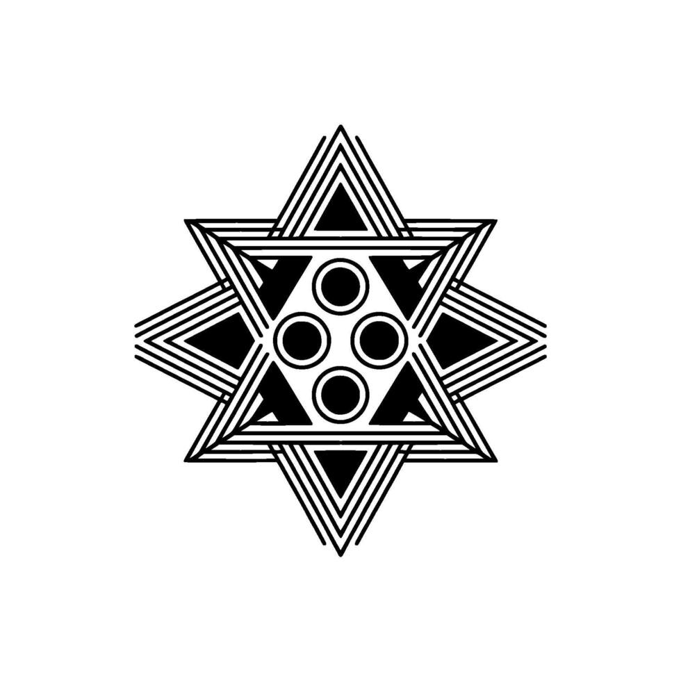 Geometric mandala starburst with concentric triangles and four inner circles vector