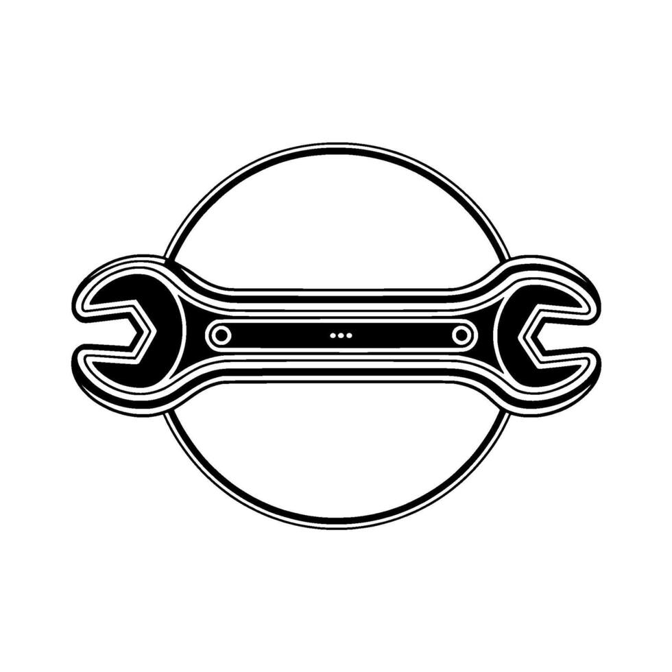 stylized double ended wrench symmetrical illustration framed within a circular outline representing tools and mechanical repair services vector
