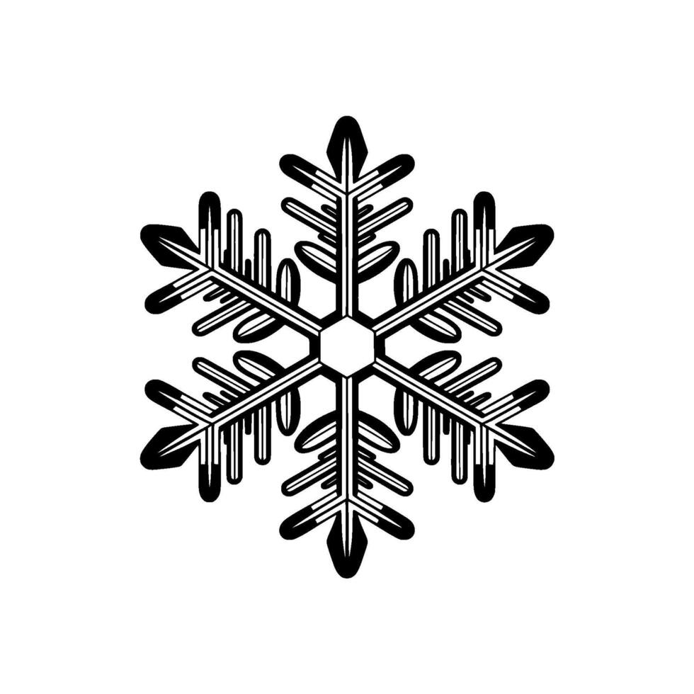A precise monochrome illustration of a sixpointed snowflake with intricate branching patterns and a central hexagonal shape vector