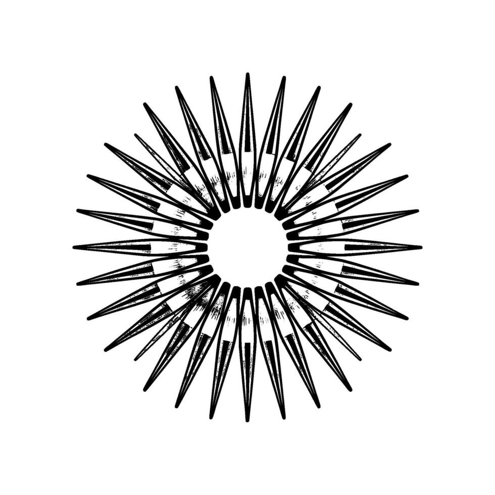 A highly detailed symmetrical geometric radial pattern composed of sharp elongated elements in shades of grey and vector