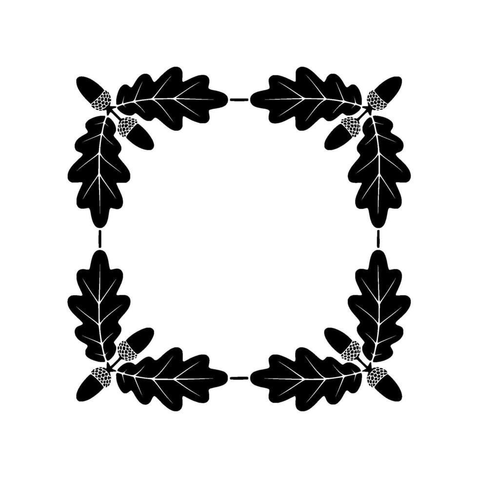 Stylized silhouette of four ornate oak leaf and acorn corner motifs forming a decorative square border with subtle gradient background vector