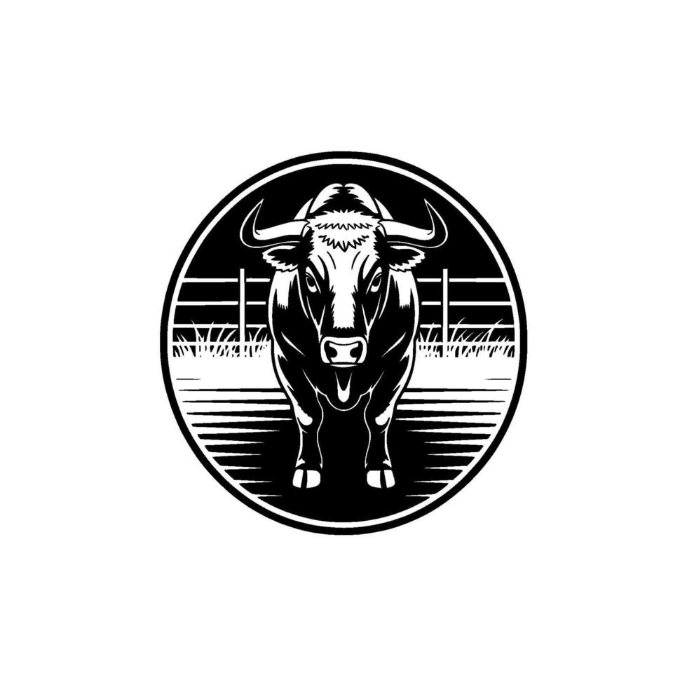 A powerful monochrome circular emblem featuring a front facing bull with impressive horns and a muscular physique standing behind a stylized fence and grass motif vector